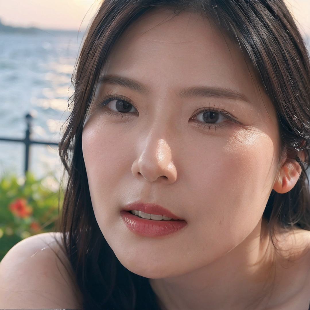00025-1395812013-1girl,solo,mature female,long,black hair,black eyes,open mouth,fashion,(looking at viewer),outdoors,ocean,sunset,close-up,realis.png